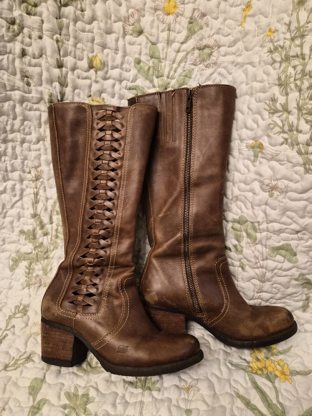 Born Brown Leather Mid-Calf Heeled Boots with Braided Detail